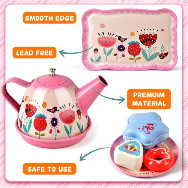 Metal Tea Set for Little Girls – Elegant Kids Pretend Play Tea Party Kit