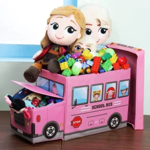 Kids’ Toy Organizer With Large Capacity – Cute Bus Shaped Storage Box with Lid