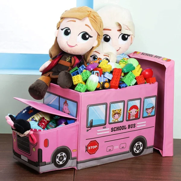Kids’ Toy Organizer With Large Capacity – Cute Bus Shaped Storage Box with Lid