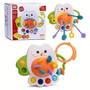 "Multi-Sensory Owl Pull String Rattle – Baby Activity Toy for Early Development & Play"