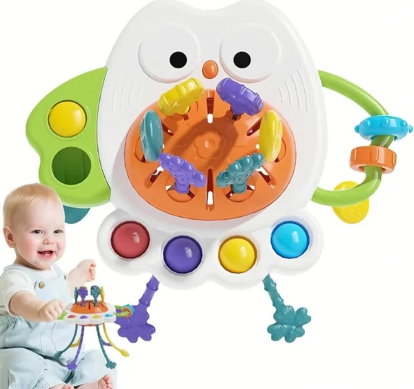 "Multi-Sensory Owl Pull String Rattle – Baby Activity Toy for Early Development & Play"