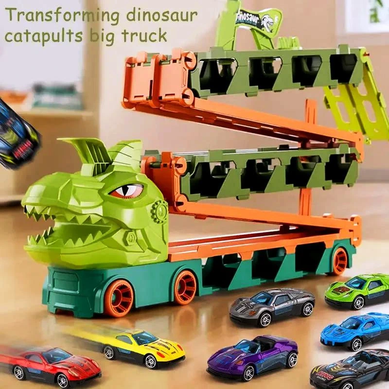 Dinosaur Truck Racing Playset with 20-inch storage truck and foldable racetrack