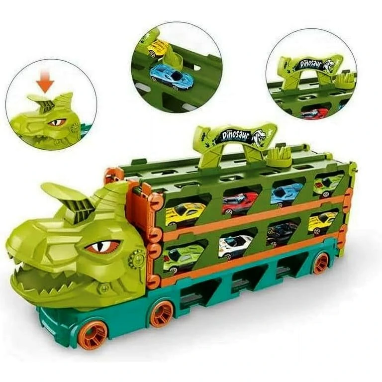 Dinosaur Truck Racing Playset with 20-inch storage truck and foldable racetrack