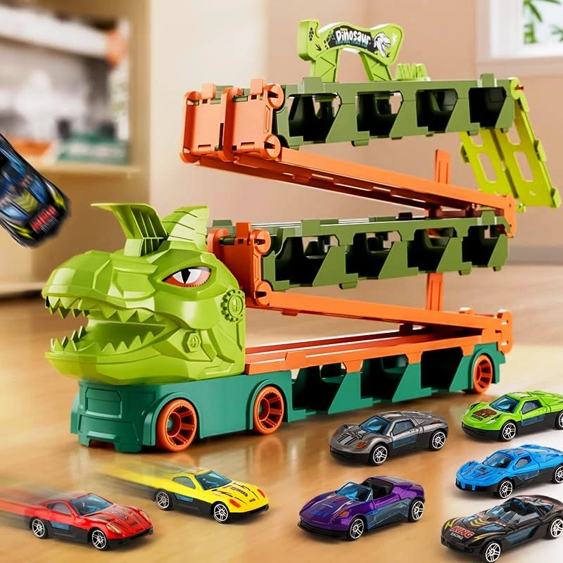 Dinosaur Truck Racing Playset with 20-inch storage truck and foldable racetrack