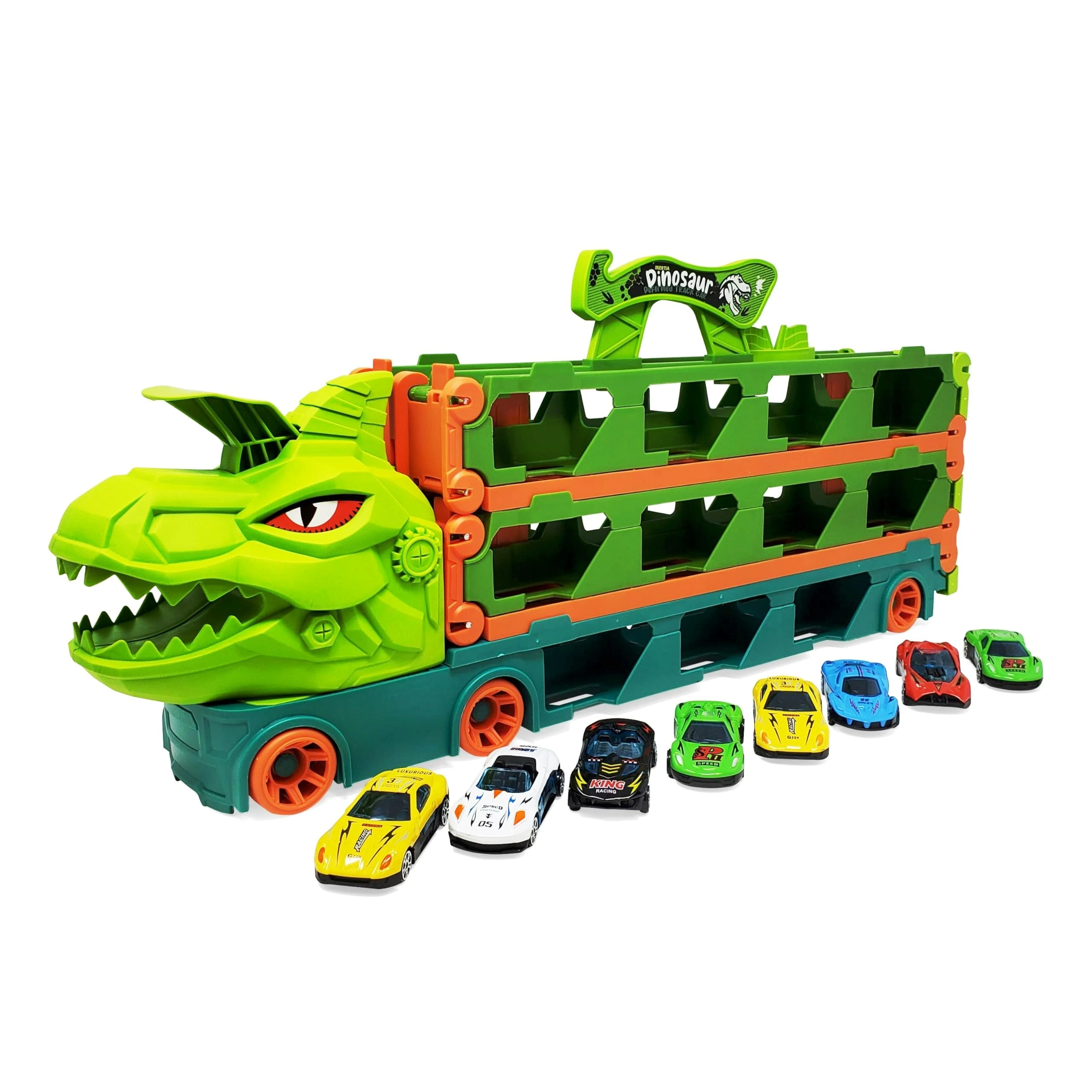 Dinosaur Truck Racing Playset with 20-inch storage truck and foldable racetrack