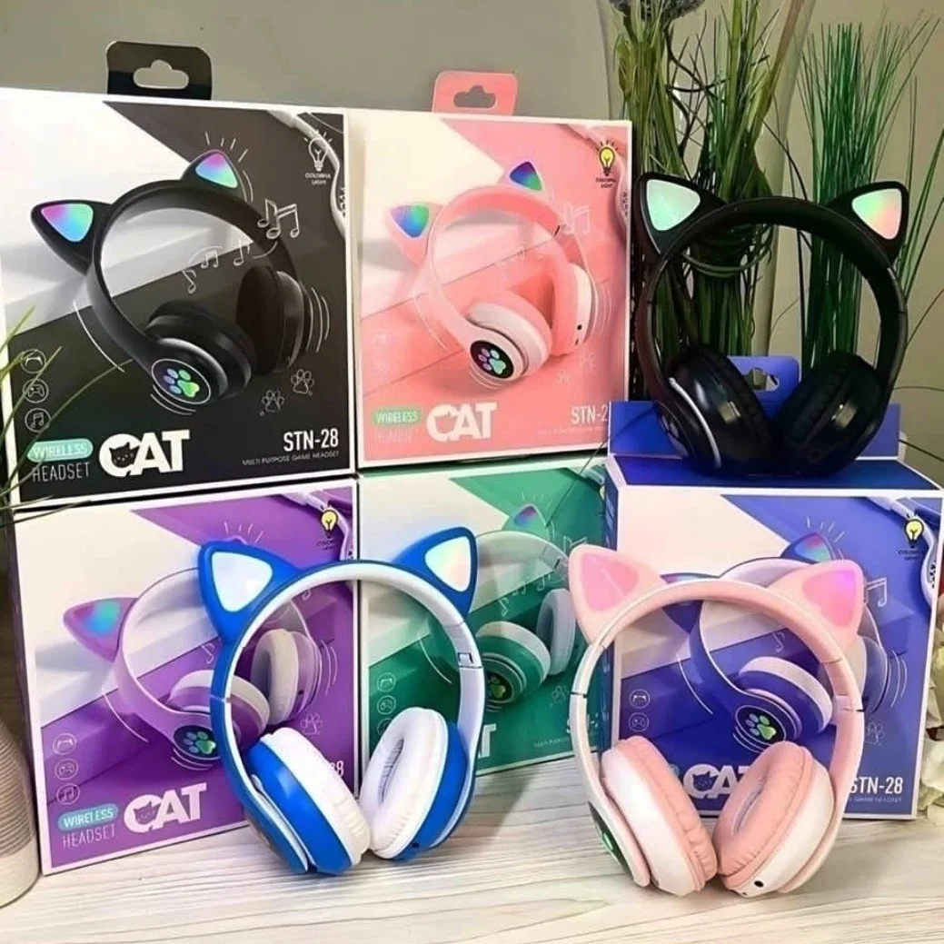 Cute Cat Ear Wireless Bluetooth Headphones – LED Gaming Headset with Mic for Kids & Teens | Foldable, Noise Cancelling, Rechargeable
