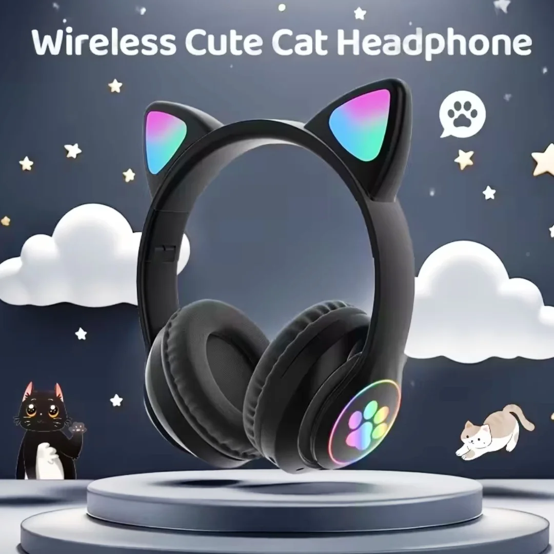 Cute Cat Ear Wireless Bluetooth Headphones – LED Gaming Headset with Mic for Kids & Teens | Foldable, Noise Cancelling, Rechargeable