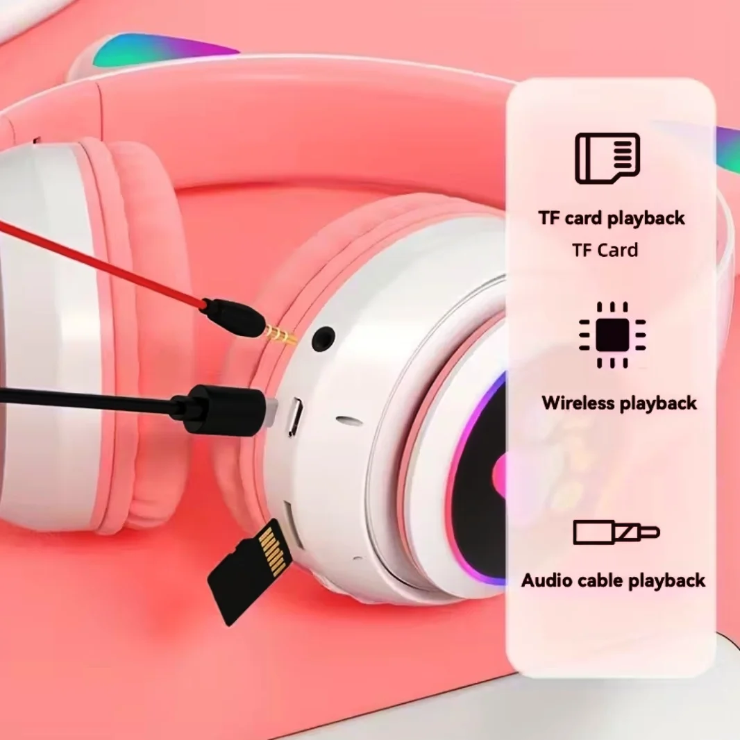 Cute Cat Ear Wireless Bluetooth Headphones – LED Gaming Headset with Mic for Kids & Teens | Foldable, Noise Cancelling, Rechargeable