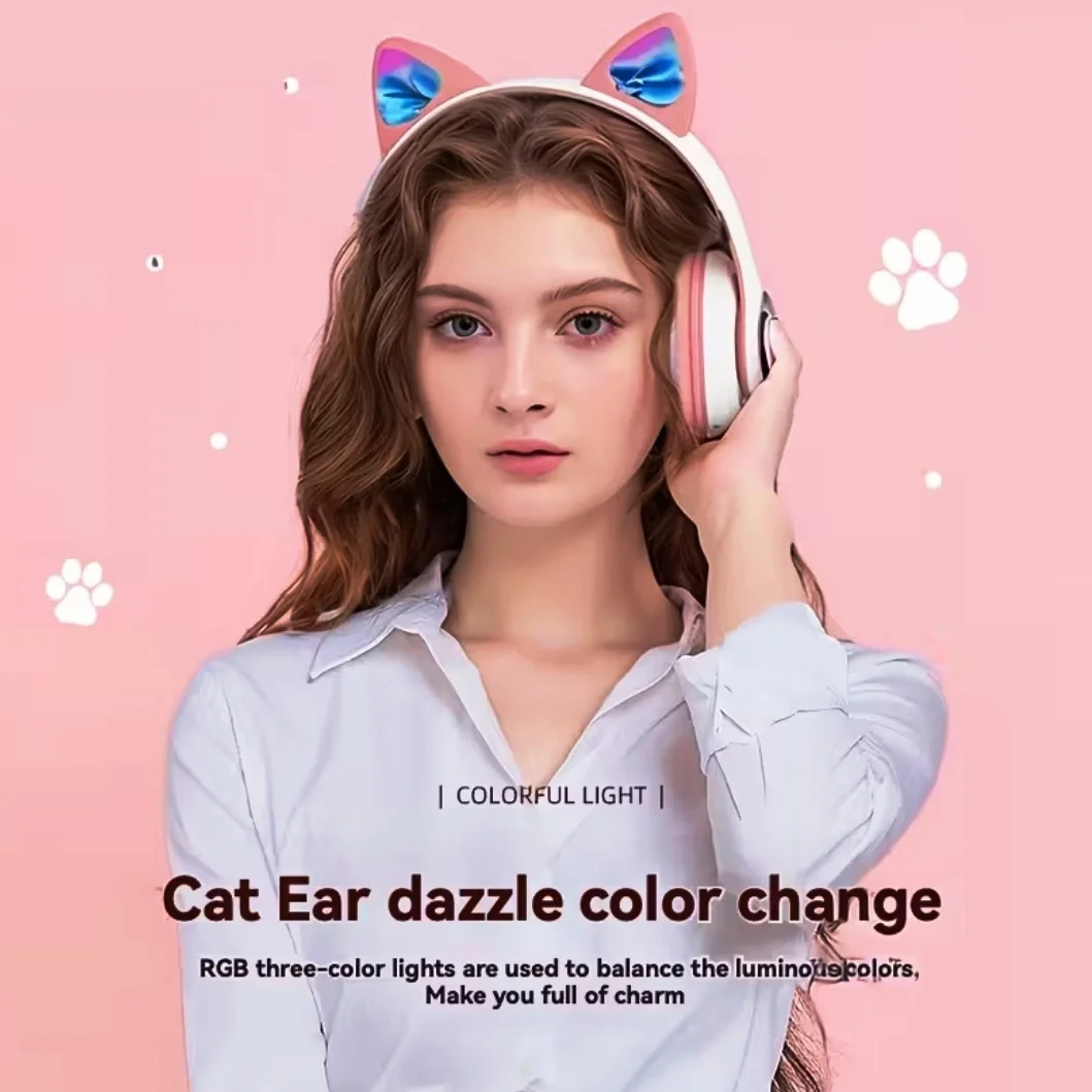 Cute Cat Ear Wireless Bluetooth Headphones – LED Gaming Headset with Mic for Kids & Teens | Foldable, Noise Cancelling, Rechargeable