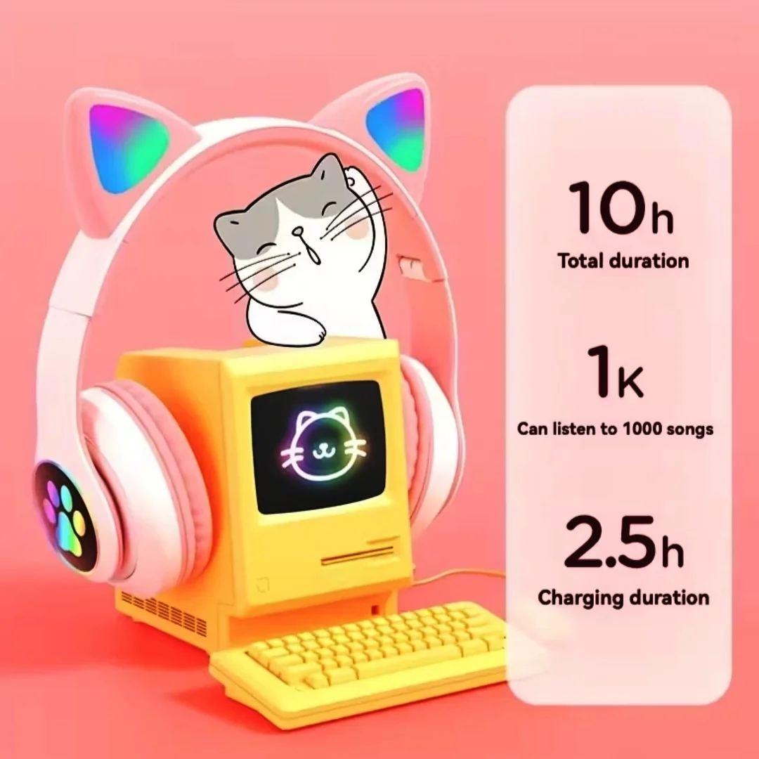 Cute Cat Ear Wireless Bluetooth Headphones – LED Gaming Headset with Mic for Kids & Teens | Foldable, Noise Cancelling, Rechargeable