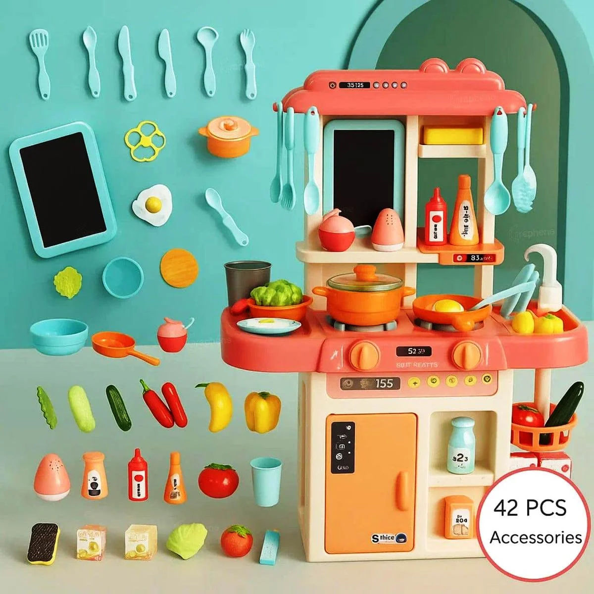 Kids Kitchen Set with Spraying Mist & Running Water Tap – 42 PCS Pretend Cooking Toy