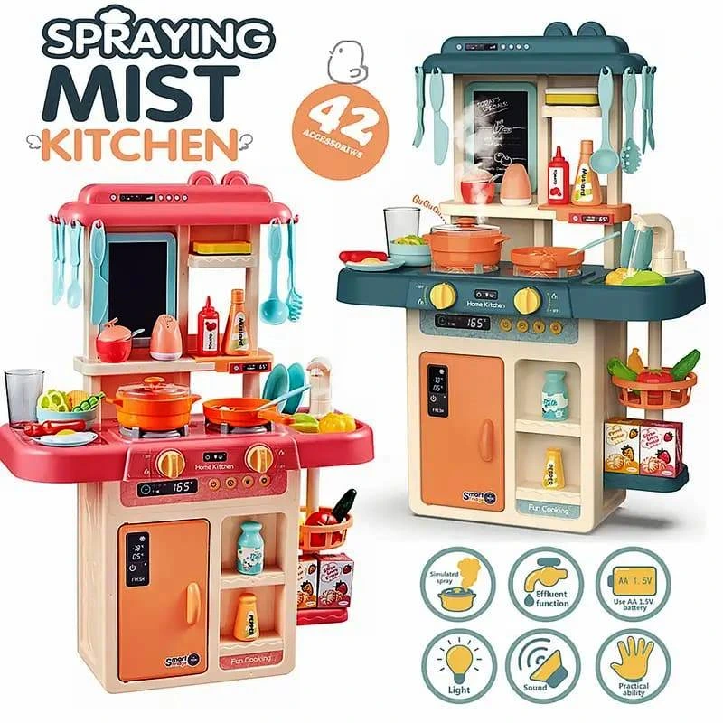Kids Kitchen Set with Spraying Mist & Running Water Tap – 42 PCS Pretend Cooking Toy